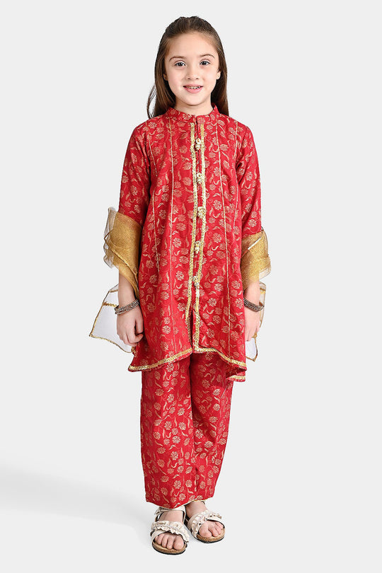 Girls Jacquard 3 Pcs Suit Gulistaan-Red
