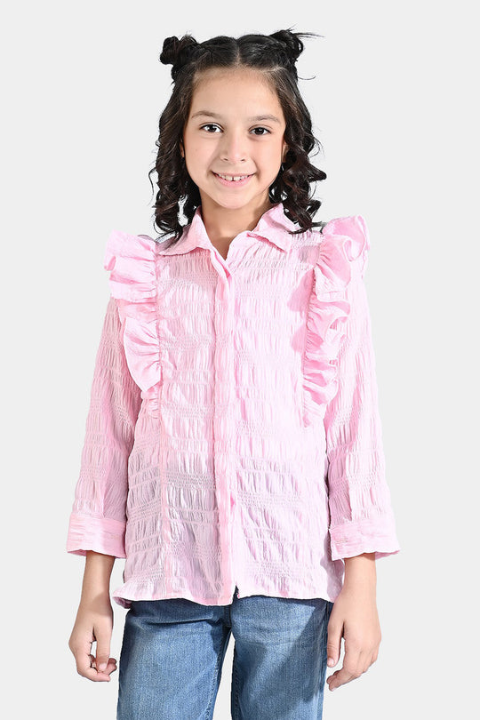 Girls Poly Cotton Casual Top Crinkle-Pink