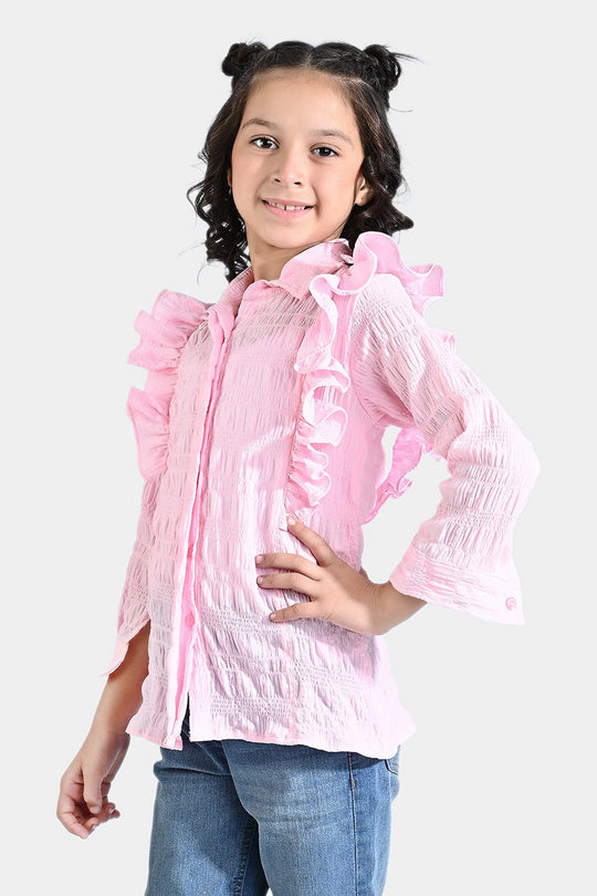 Girls Poly Cotton Casual Top Crinkle-Pink