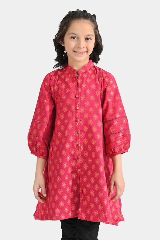 Girls Jacquard Kurti Phool-Magenta