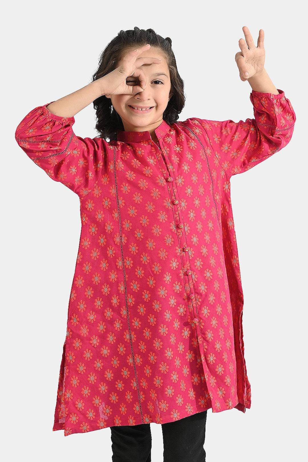 Girls Jacquard Kurti Phool-Magenta