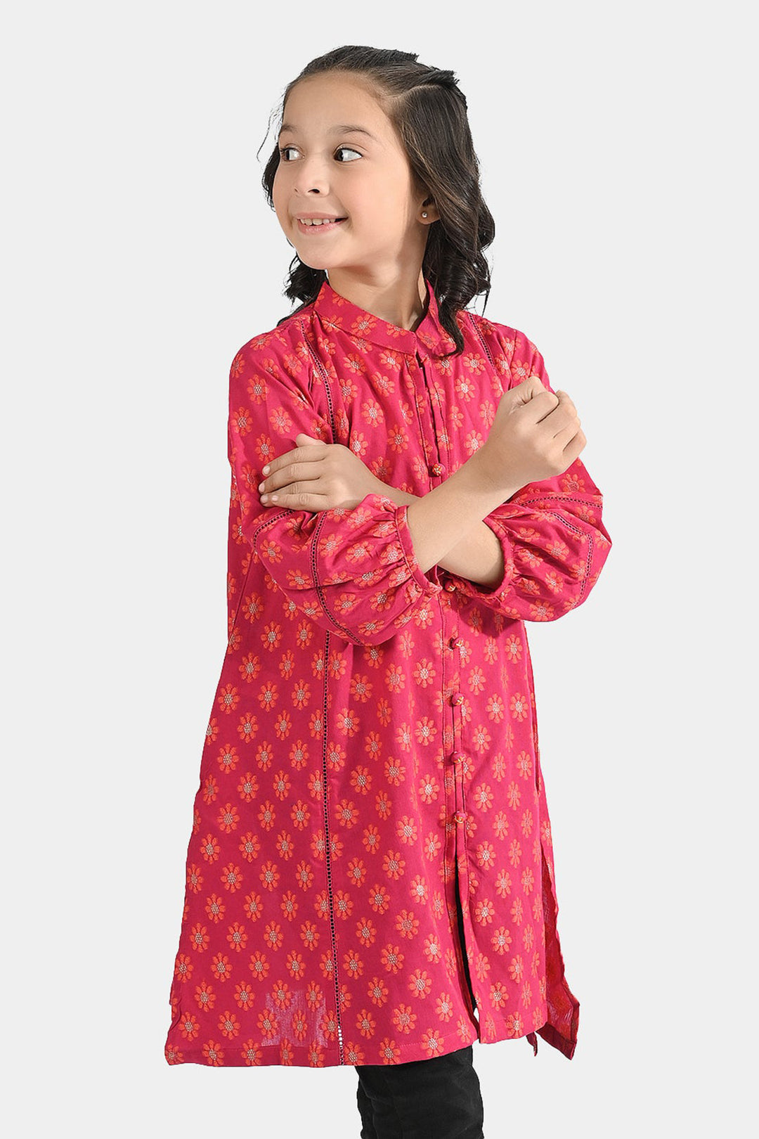 Girls Jacquard Kurti Phool-Magenta