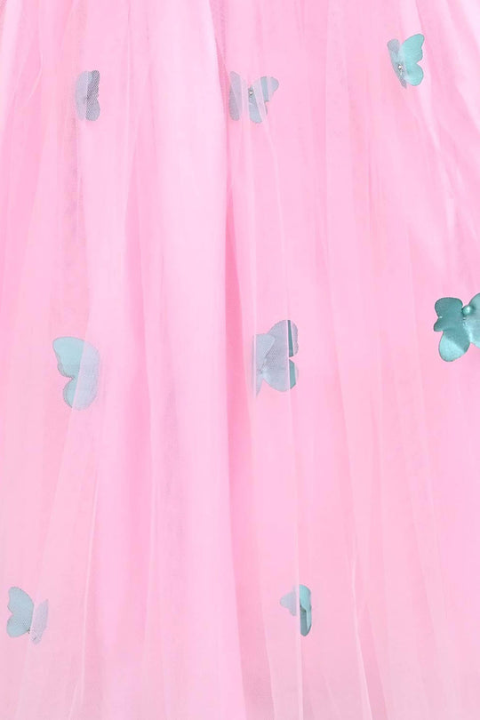 Girls Net Fancy Frock 3D Butterfly-Pink