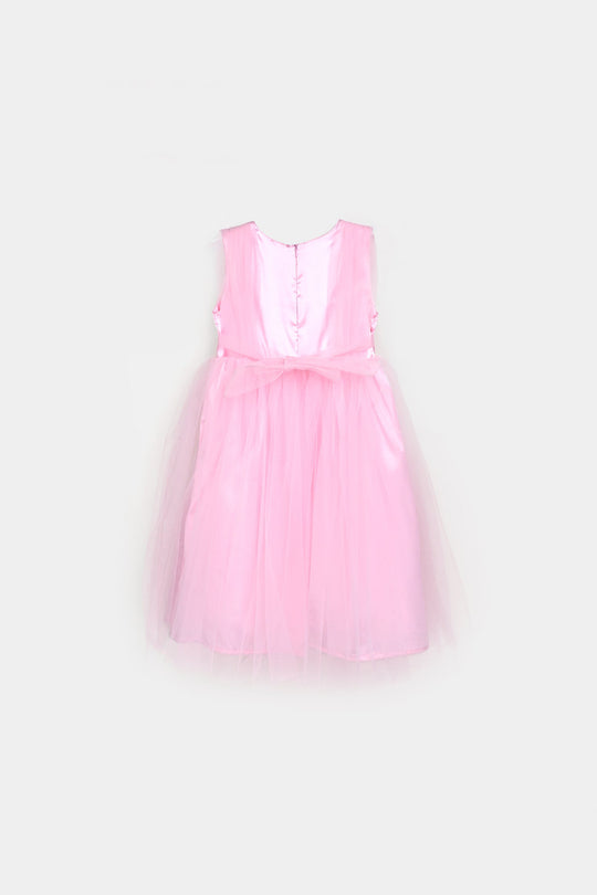 Girls Net Fancy Frock 3D Butterfly-Pink
