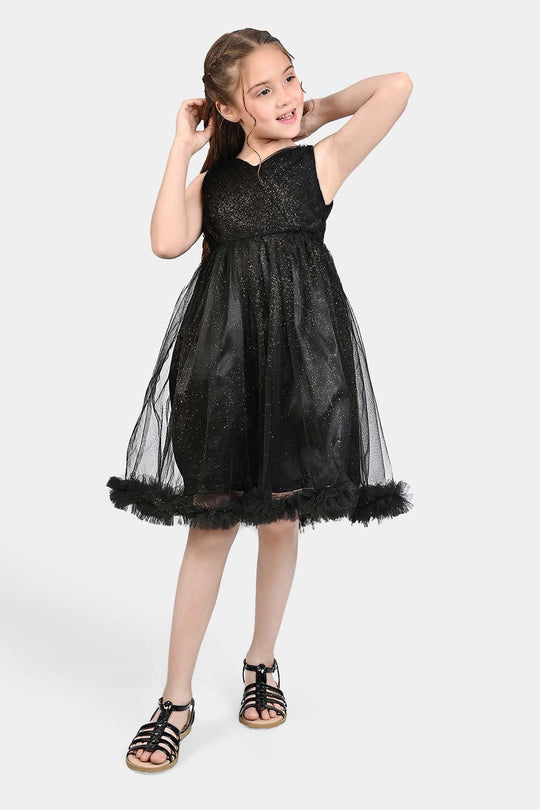 Girls Net Fancy Frock Shimmer-BLACK