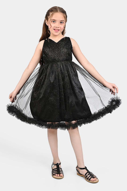 Girls Net Fancy Frock Shimmer-BLACK