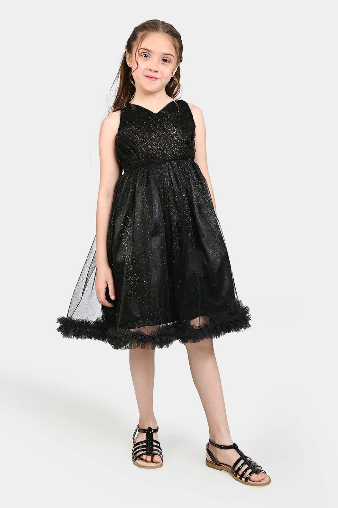 Girls Net Fancy Frock Shimmer-BLACK