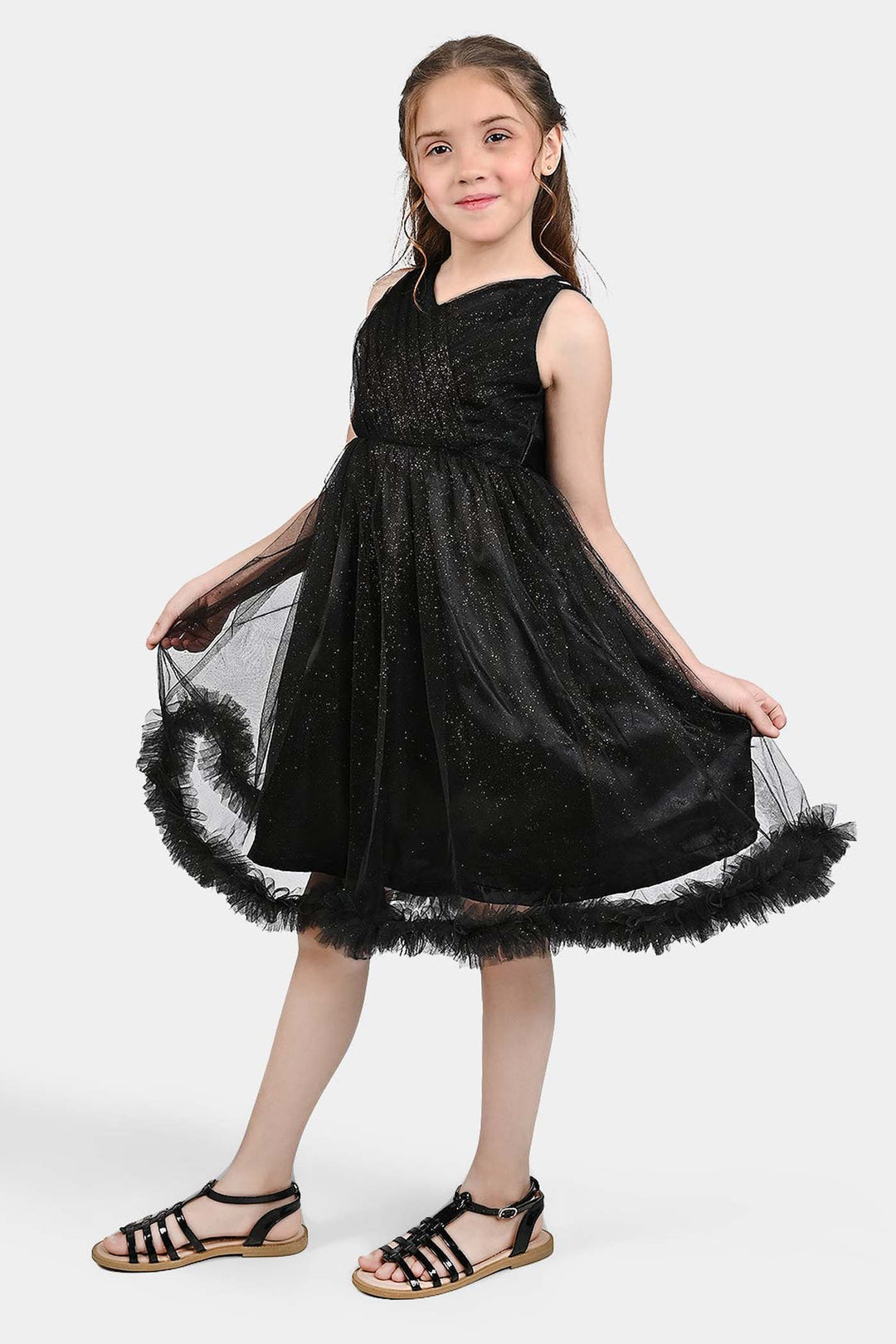 Girls Net Fancy Frock Shimmer-BLACK