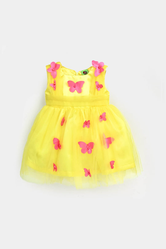 Infant Girls Net Fancy Frock 3D Butterfly-Yellow