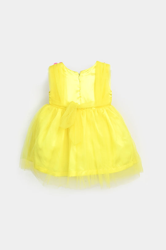 Infant Girls Net Fancy Frock 3D Butterfly-Yellow