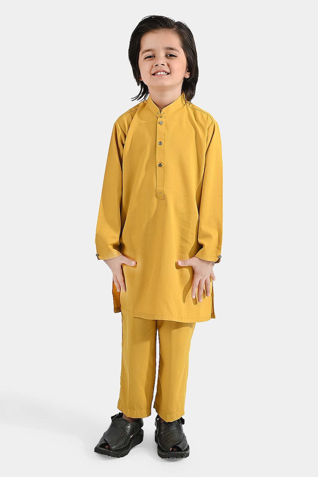 Boys Poly Viscose Kurta Pajama (Cut Collar)-Mustard