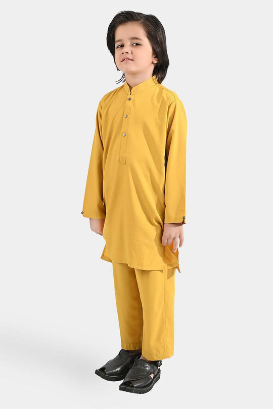 Boys Poly Viscose Kurta Pajama (Cut Collar)-Mustard