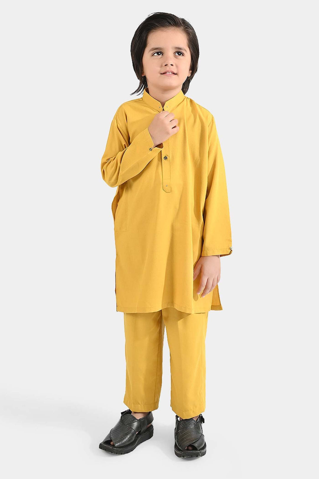 Boys Poly Viscose Kurta Pajama (Cut Collar)-Mustard
