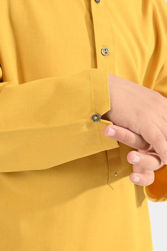 Boys Poly Viscose Kurta Pajama (Cut Collar)-Mustard