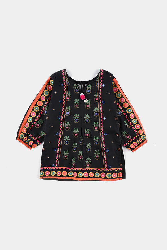 Infant Girls Cotton Poplin Printed kurti Pineapple Funk-BLACK
