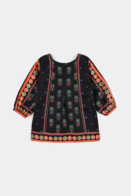 Infant Girls Cotton Poplin Printed kurti Pineapple Funk-BLACK
