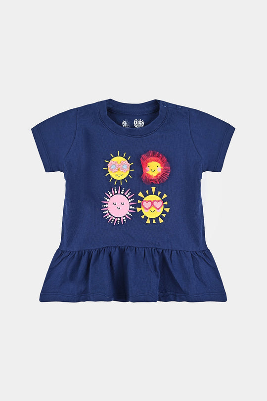 Infant Girls Cotton Jersey Knitted Frock Sun-Navy Blue