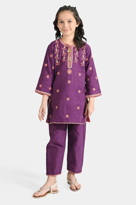 Girls Cotton Slub EMB 2 Pcs Bano-Purple