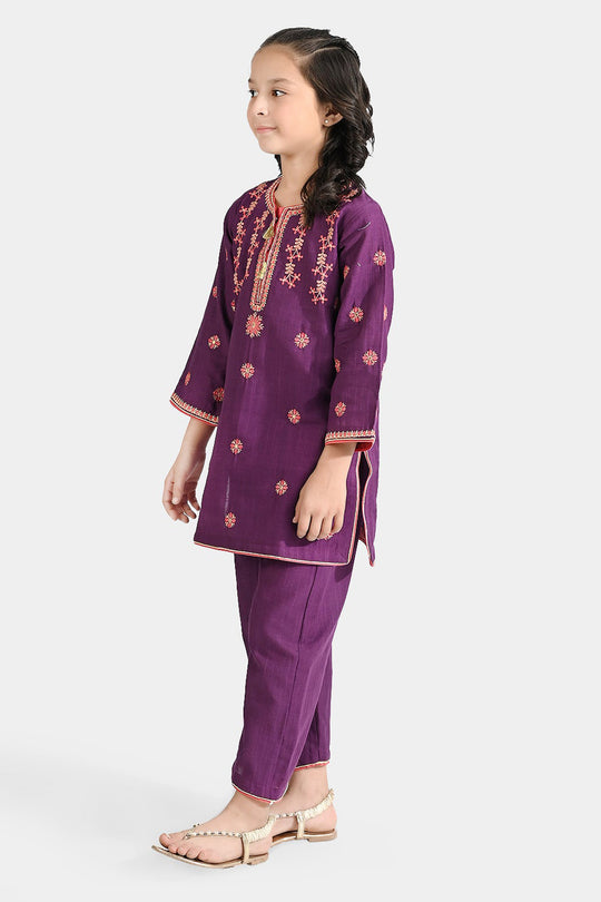 Girls Cotton Slub EMB 2 Pcs Bano-Purple