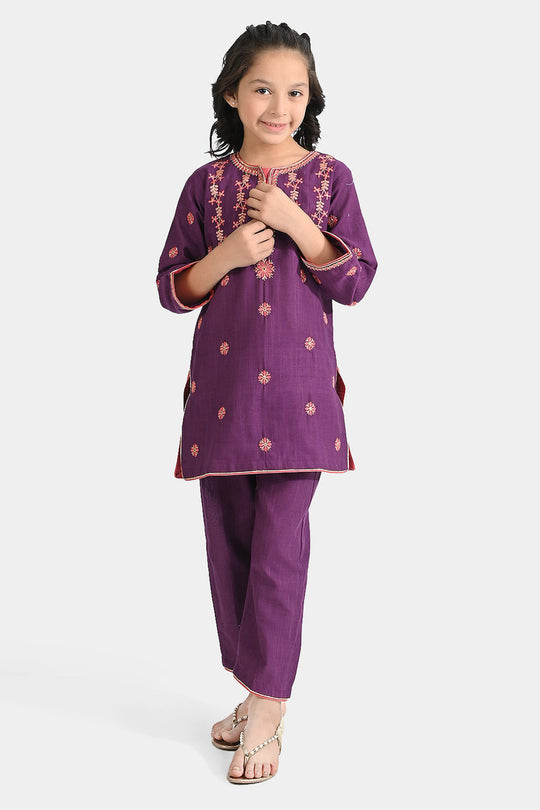Girls Cotton Slub EMB 2 Pcs Bano-Purple