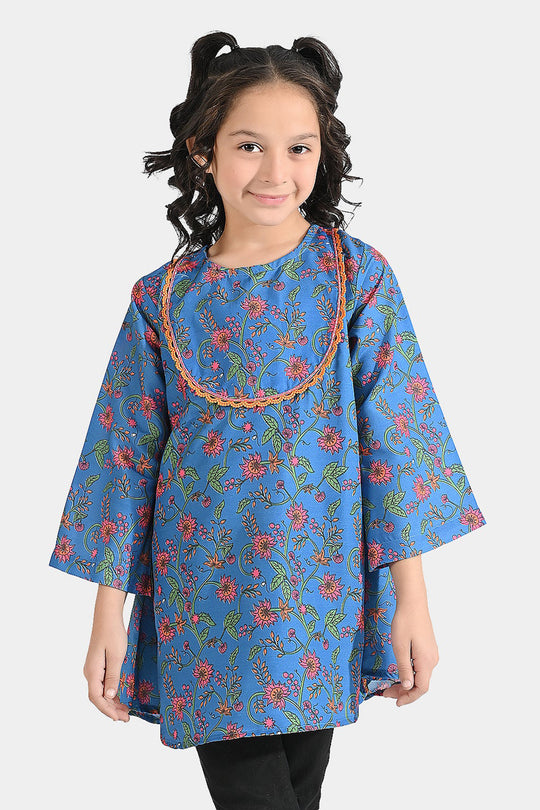 Girls Poly Lawn Printed Kurti Rangoli-Blue