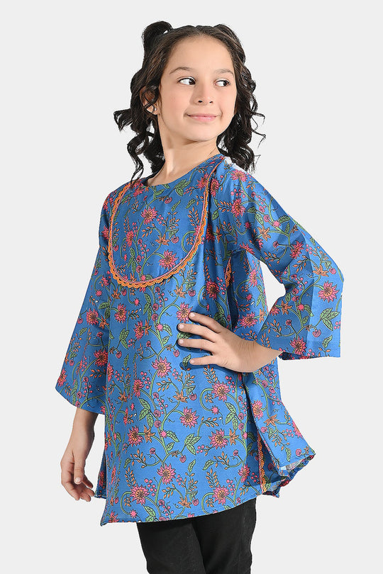 Girls Poly Lawn Printed Kurti Rangoli-Blue