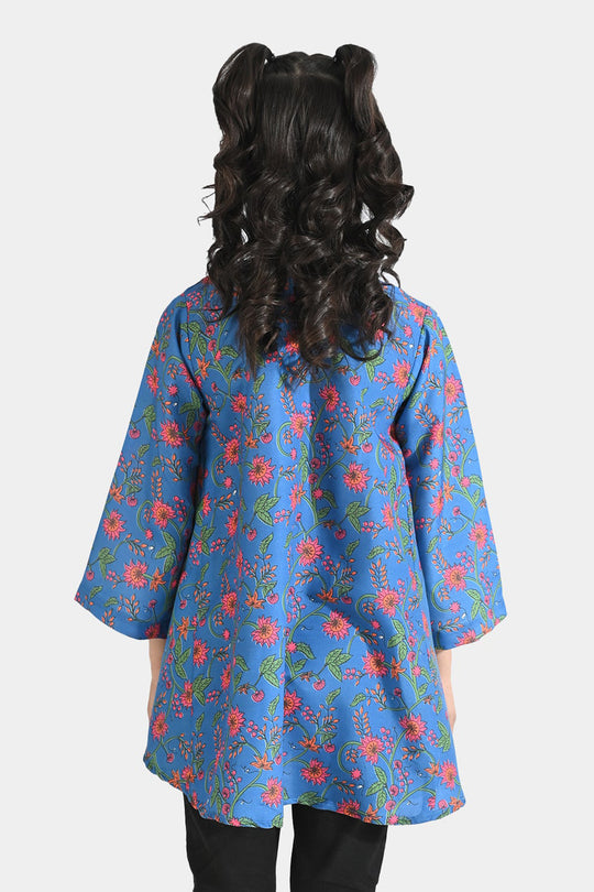 Girls Poly Lawn Printed Kurti Rangoli-Blue