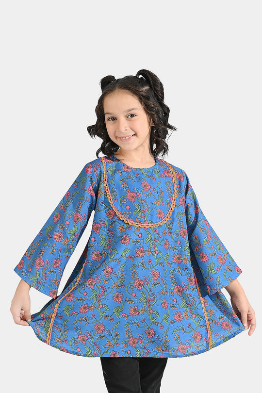 Girls Poly Lawn Printed Kurti Rangoli-Blue