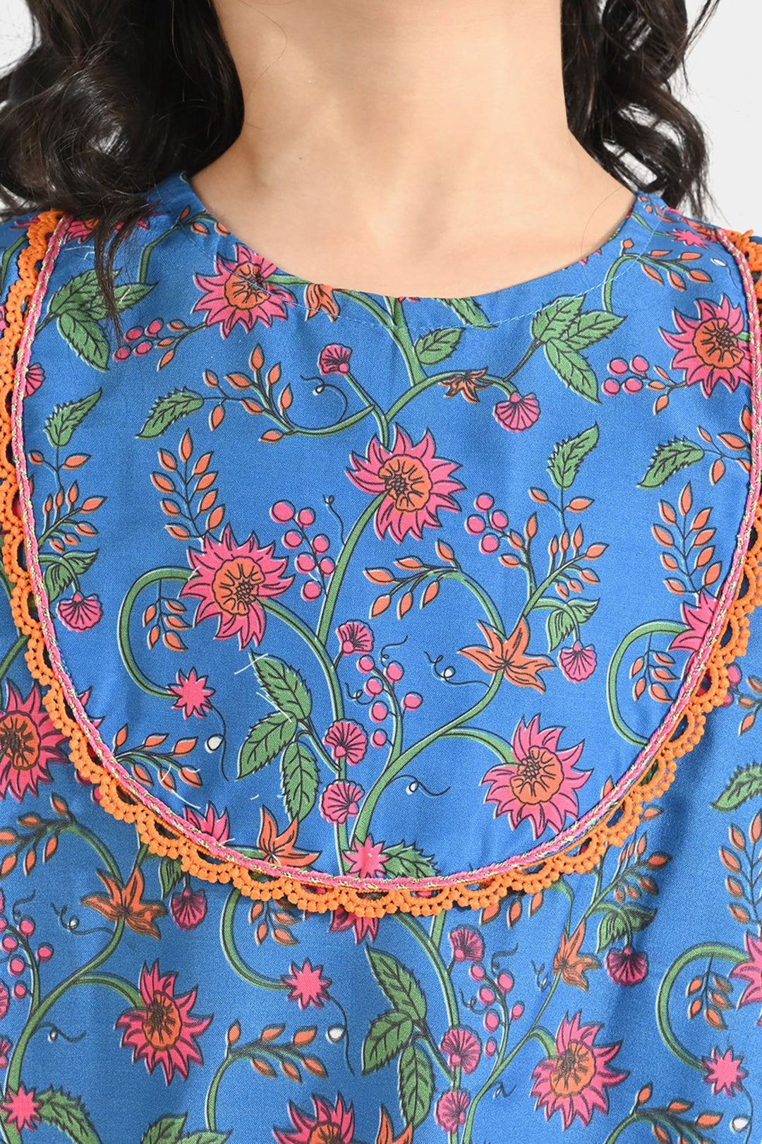 Girls Poly Lawn Printed Kurti Rangoli-Blue