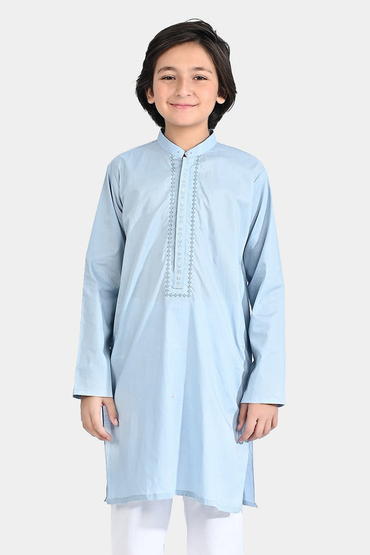 Boys Cotton Poplin Embroidered Kurta (Lurex)-Blue
