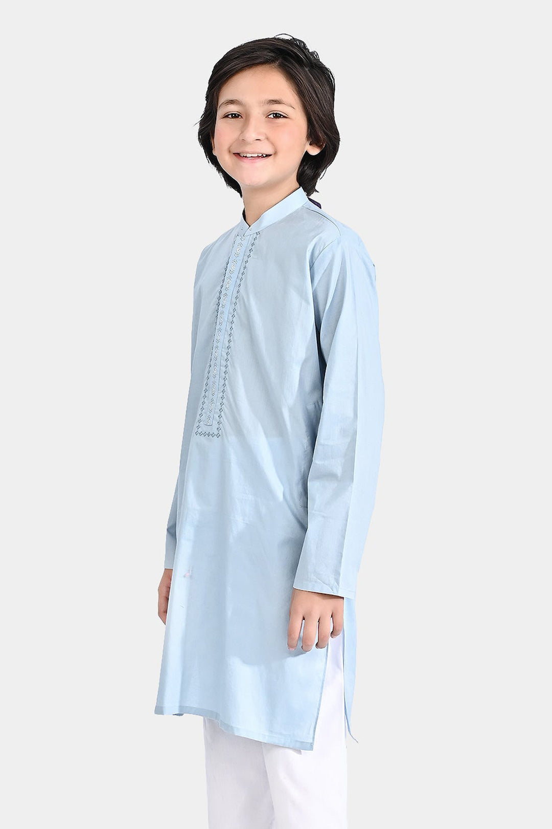Boys Cotton Poplin Embroidered Kurta (Lurex)-Blue