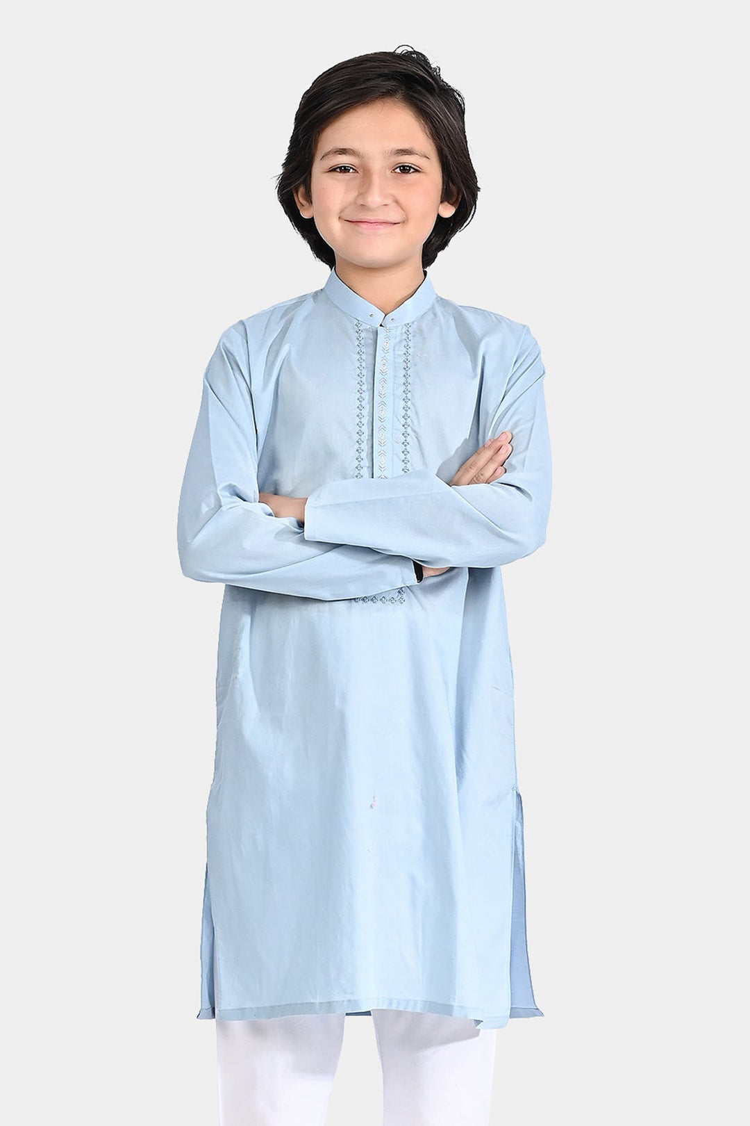 Boys Cotton Poplin Embroidered Kurta (Lurex)-Blue