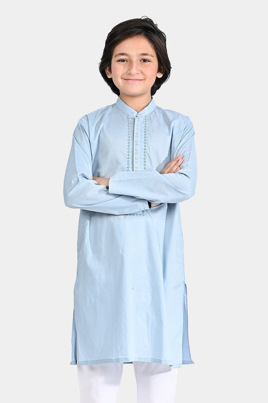 Boys Cotton Poplin Embroidered Kurta (Lurex)-Blue