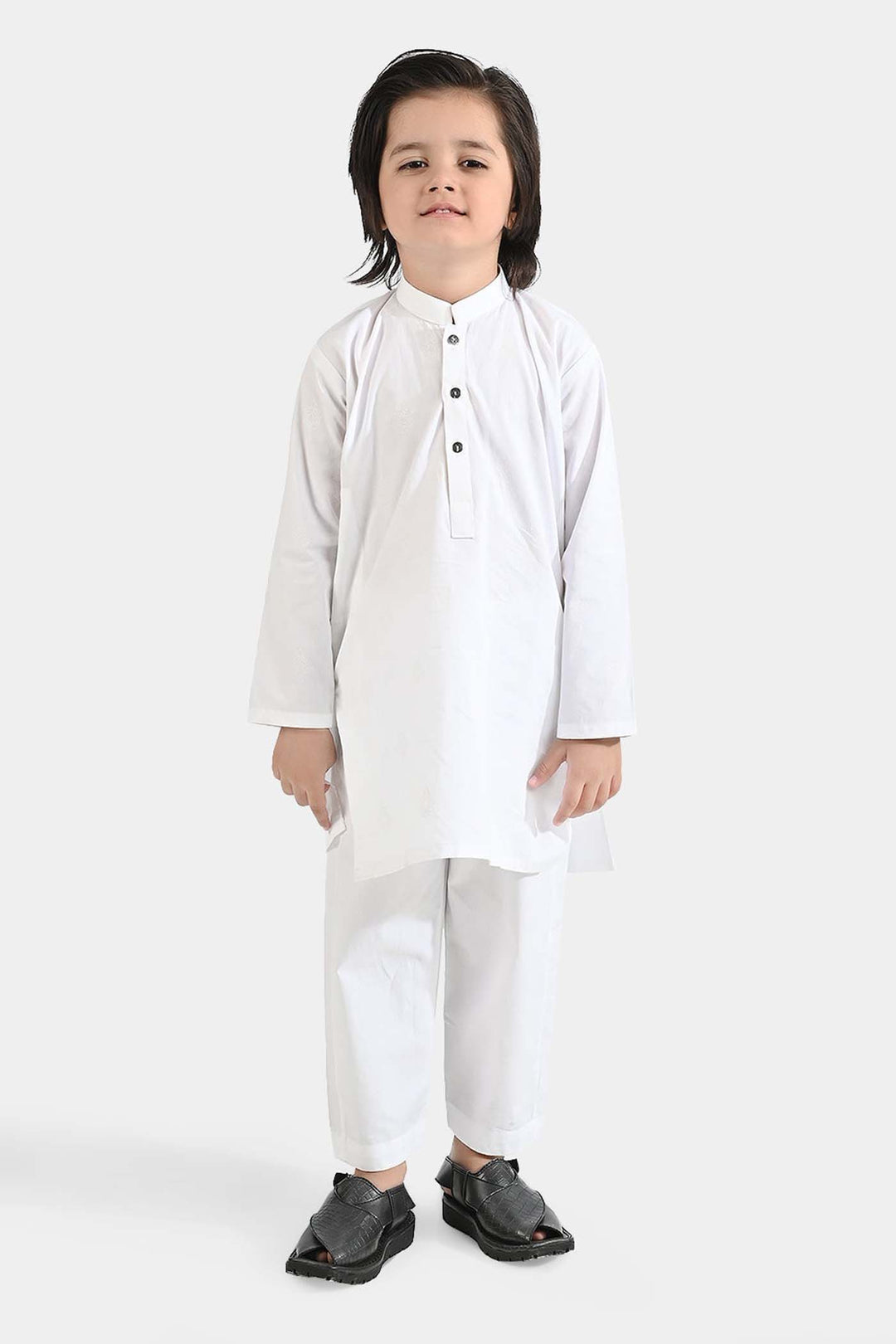 Boys Cotton Poplin Kurta Shalwar Suit-White