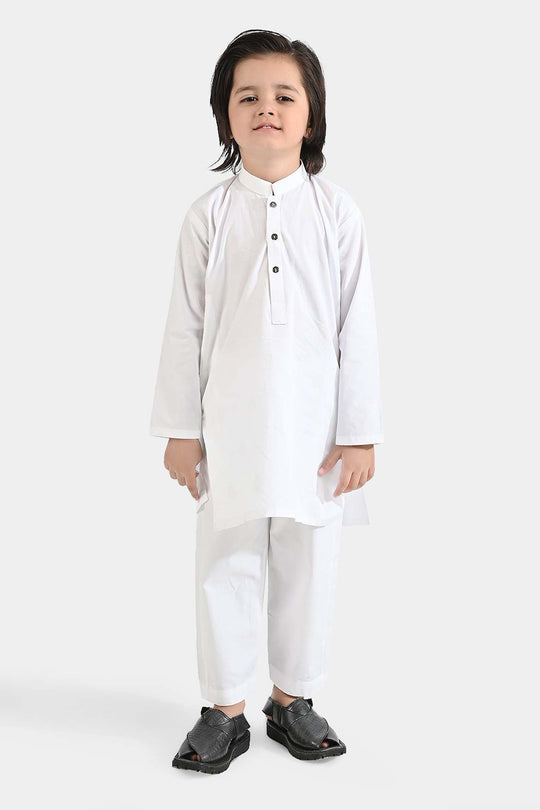 Boys Cotton Poplin Kurta Shalwar Suit-White