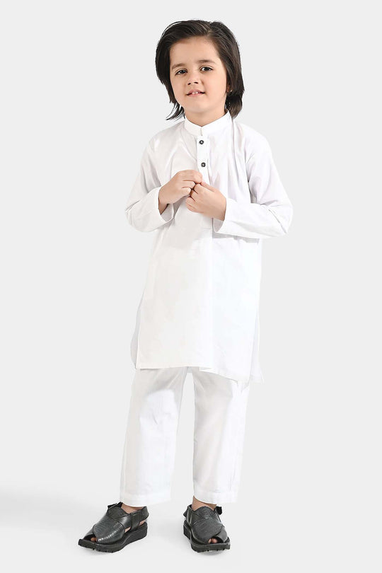 Boys Cotton Poplin Kurta Shalwar Suit-White