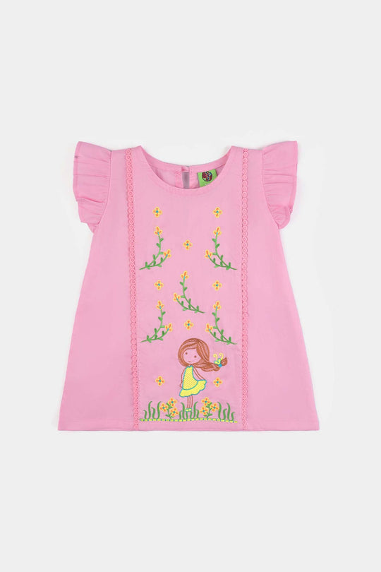 Infant Girls Cotton Poplin Emb 2 Pcs Dancing Doll-Pink