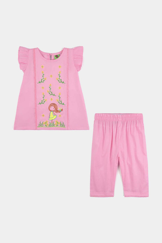 Infant Girls Cotton Poplin Emb 2 Pcs Dancing Doll-Pink