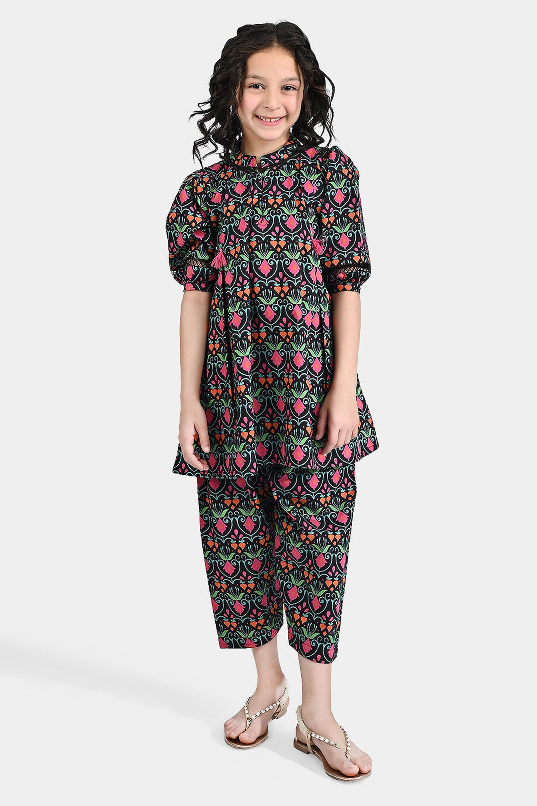 Girls Cotton Poplin Printed 2 Pcs Rangrez - BLACK