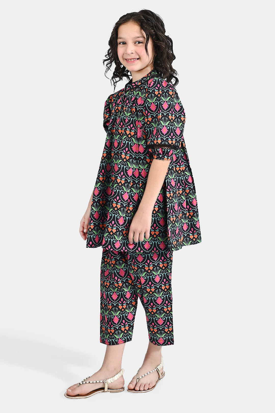 Girls Cotton Poplin Printed 2 Pcs Rangrez - BLACK