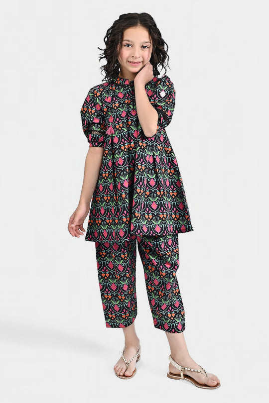 Girls Cotton Poplin Printed 2 Pcs Rangrez - BLACK
