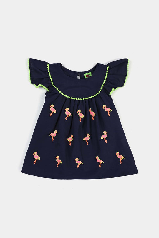Infant Girls Poly Cambric Emb kurti Little Flamingos-Navy Blue