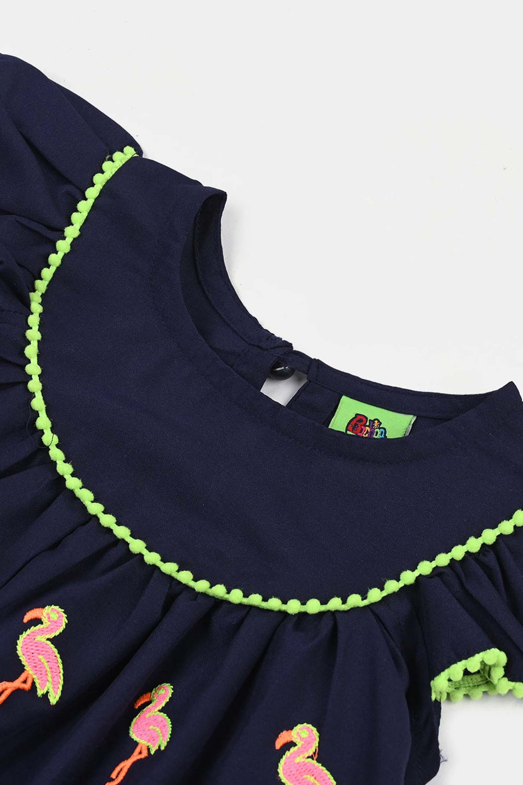 Infant Girls Poly Cambric Emb kurti Little Flamingos-Navy Blue