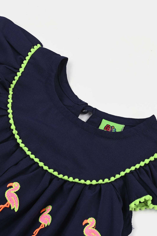Infant Girls Poly Cambric Emb kurti Little Flamingos-Navy Blue