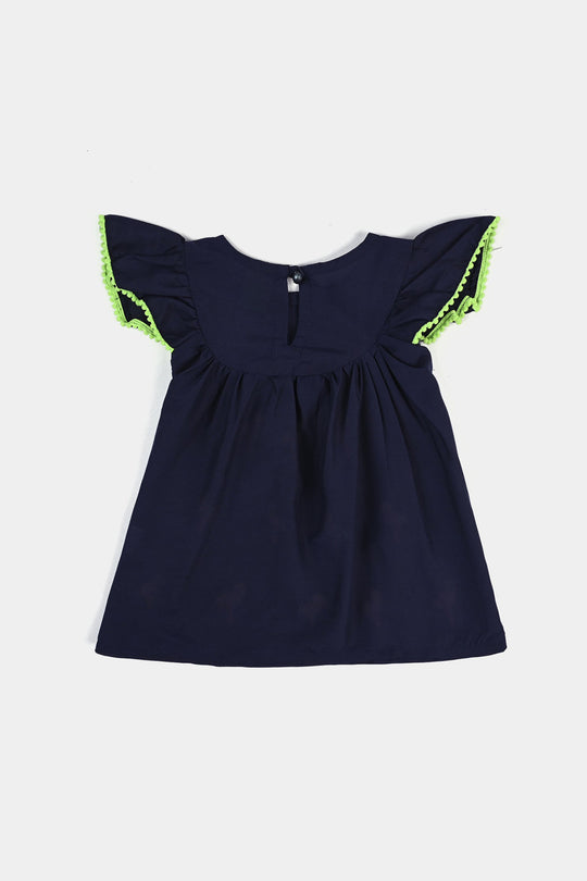 Infant Girls Poly Cambric Emb kurti Little Flamingos-Navy Blue