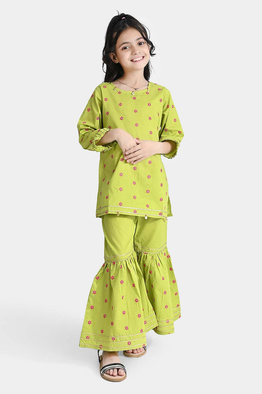 Girls Cotton Poplin Emb 2Pcs Falak-Green