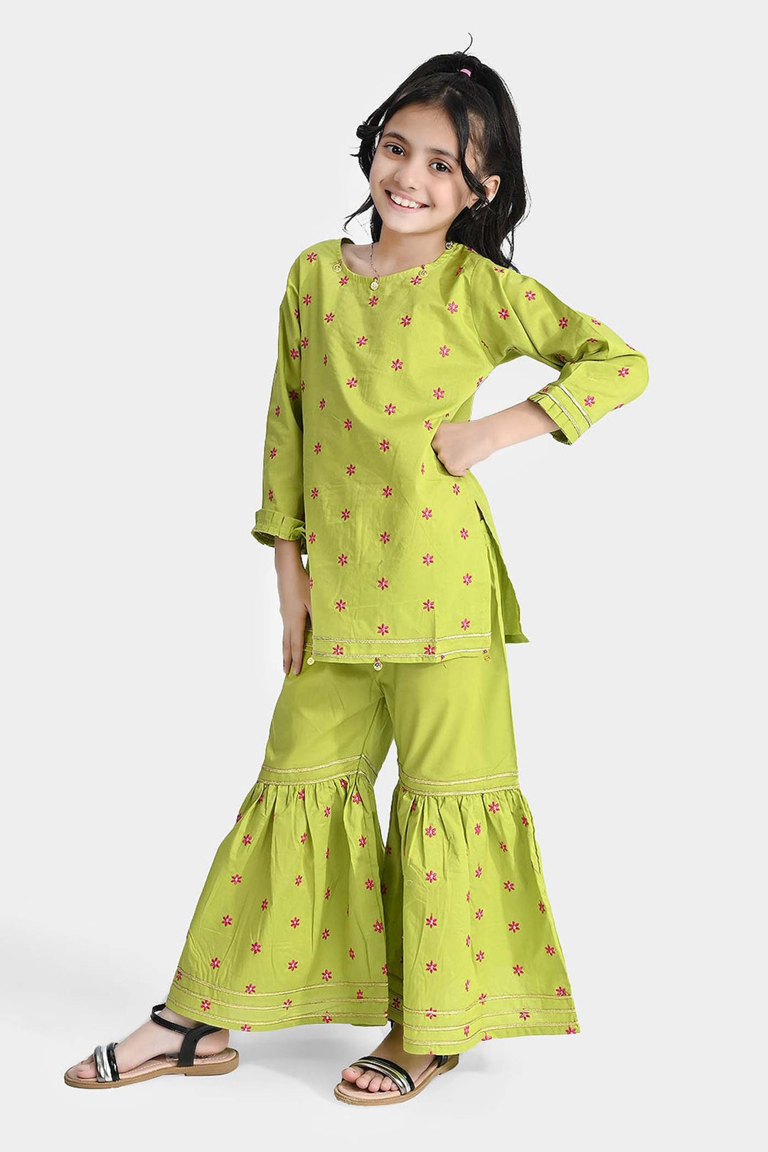 Girls Cotton Poplin Emb 2Pcs Falak-Green