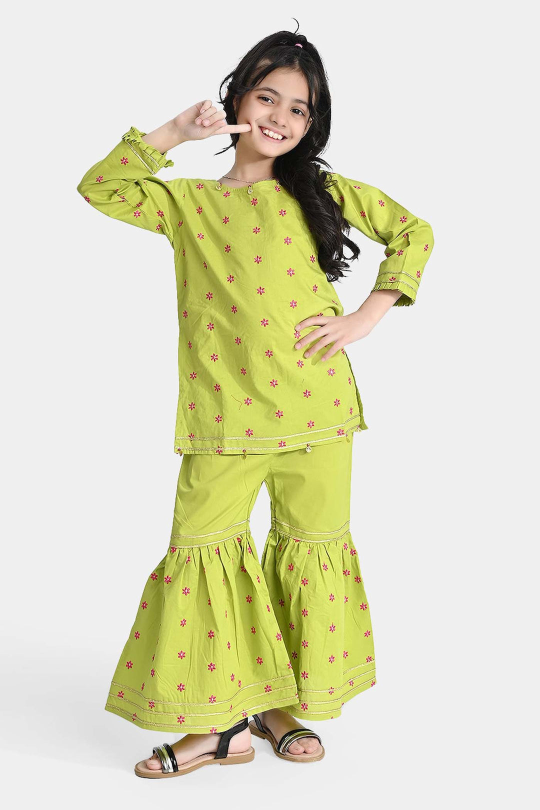 Girls Cotton Poplin Emb 2Pcs Falak-Green
