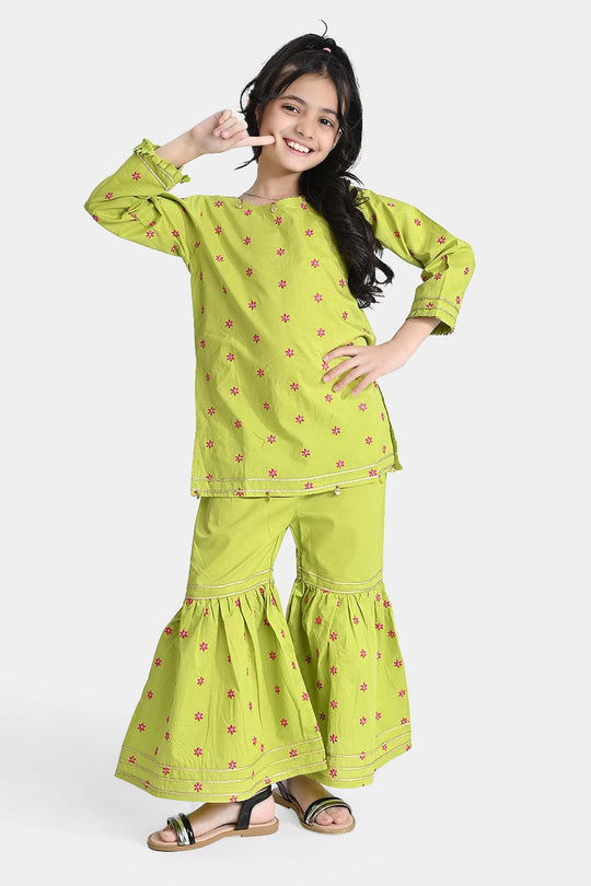Girls Cotton Poplin Emb 2Pcs Falak-Green