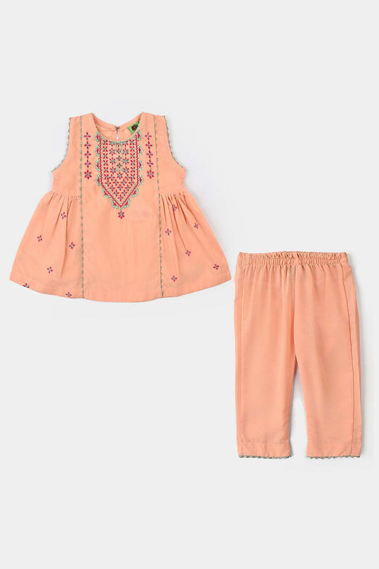 Infant Girls Poly Cambric Emb 2 Pcs Reet-Peach